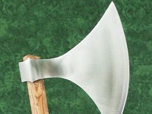 Silver axe blade with wooden handle.