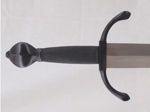 Sword handle with black grip and guard.