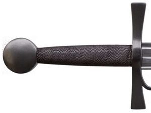Close-up of a sword hilt and guard.