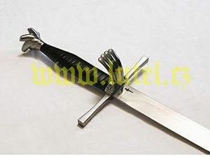 Medieval sword with decorative hilt design.