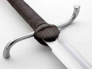 Sword hilt with a leather-wrapped grip.