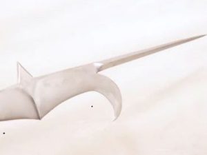Curved, sharp metal object on white background.