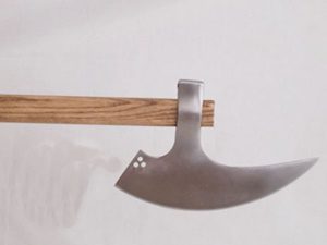 Curved blade on a wooden handle.
