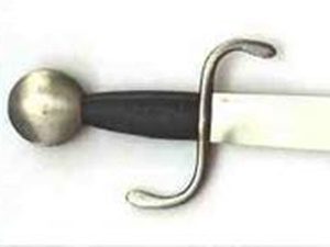 Sword hilt with curved guard, white background.