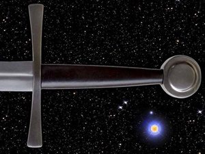 Sword hilt against a starry night sky.