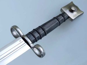 Medieval sword hilt with crossguard and pommel.