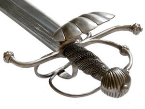 Silver medieval sword with ornate hilt.