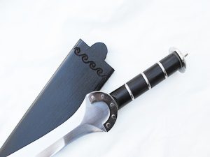 Black sword with sheath on white background.