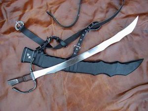 Sword and scabbard on leather background.
