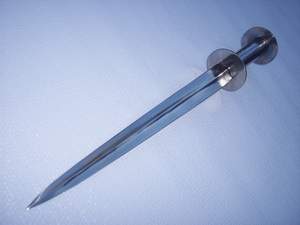 A polished, double-edged medieval sword with a rounded pommel.