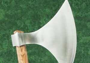 Silver axe blade with wooden handle.