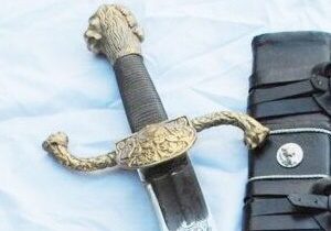 Ornate sword with sheath on fabric background.