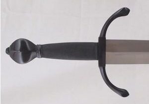 Sword handle with black grip and guard.