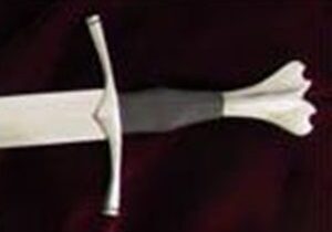 Sword hilt with ornate design on handle.