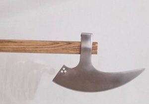Curved blade on a wooden handle.