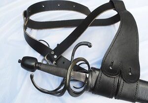 Sword with black leather scabbard and belt.