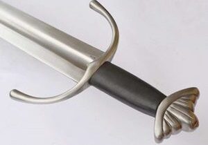 Medieval sword with curved guard and pommel.