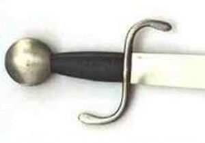 Sword hilt with curved guard, white background.