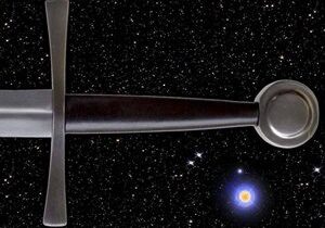 Sword hilt against a starry night sky.