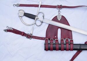 Sword with red leather belt and sheath.
